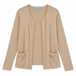 J McLaughlin Fringe Cardigan‎ Sweater Tan Cotton Knit XS Open Front